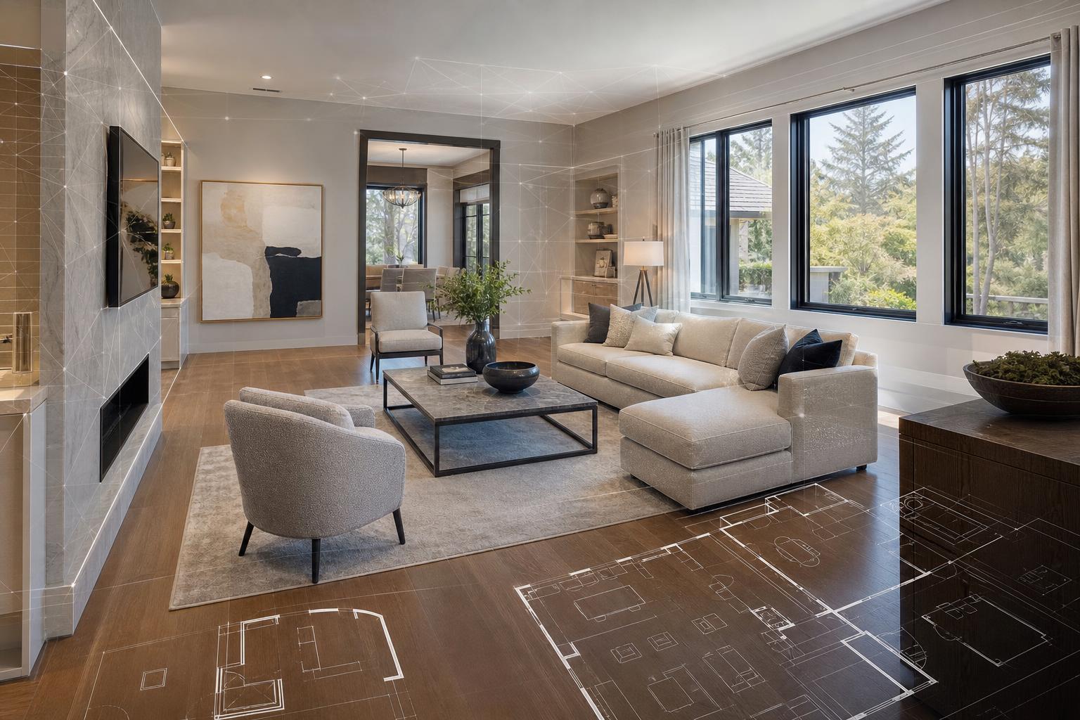 Interior media with floor plan, 3D model reference, and takeoff support for design review