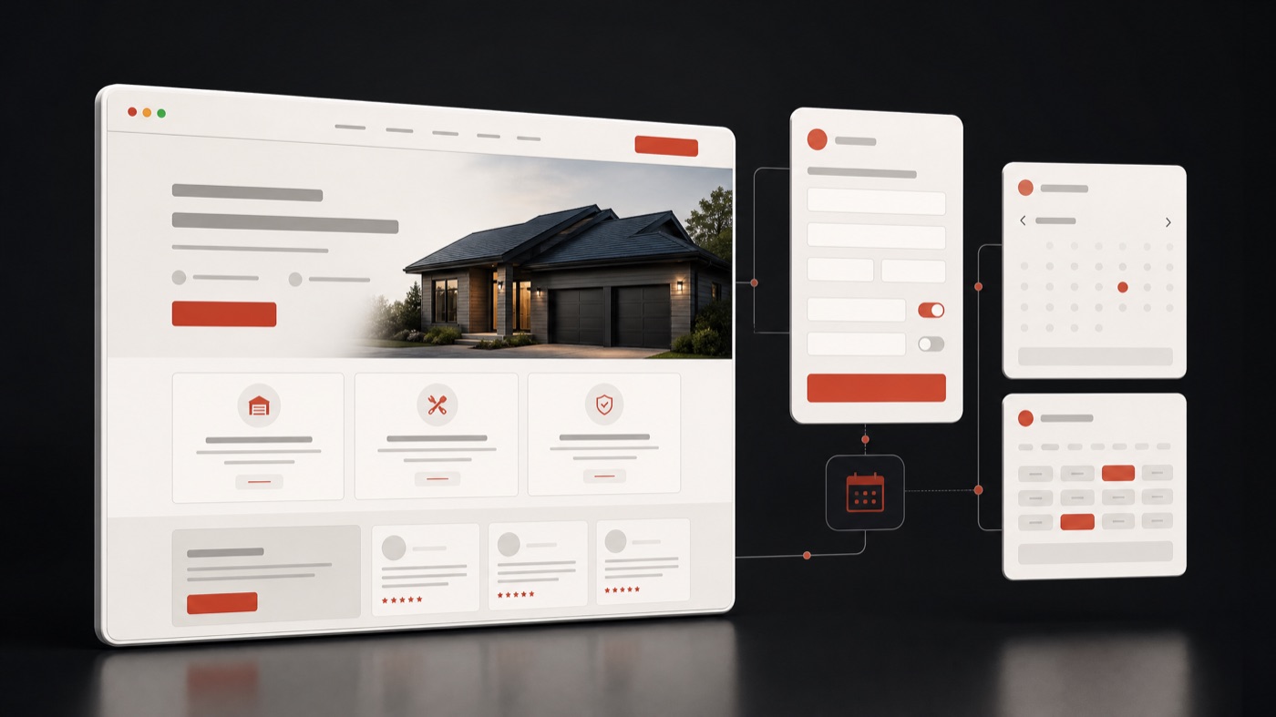 Custom website and intake funnel interface with booking cards, form panel, and lead routing flow.