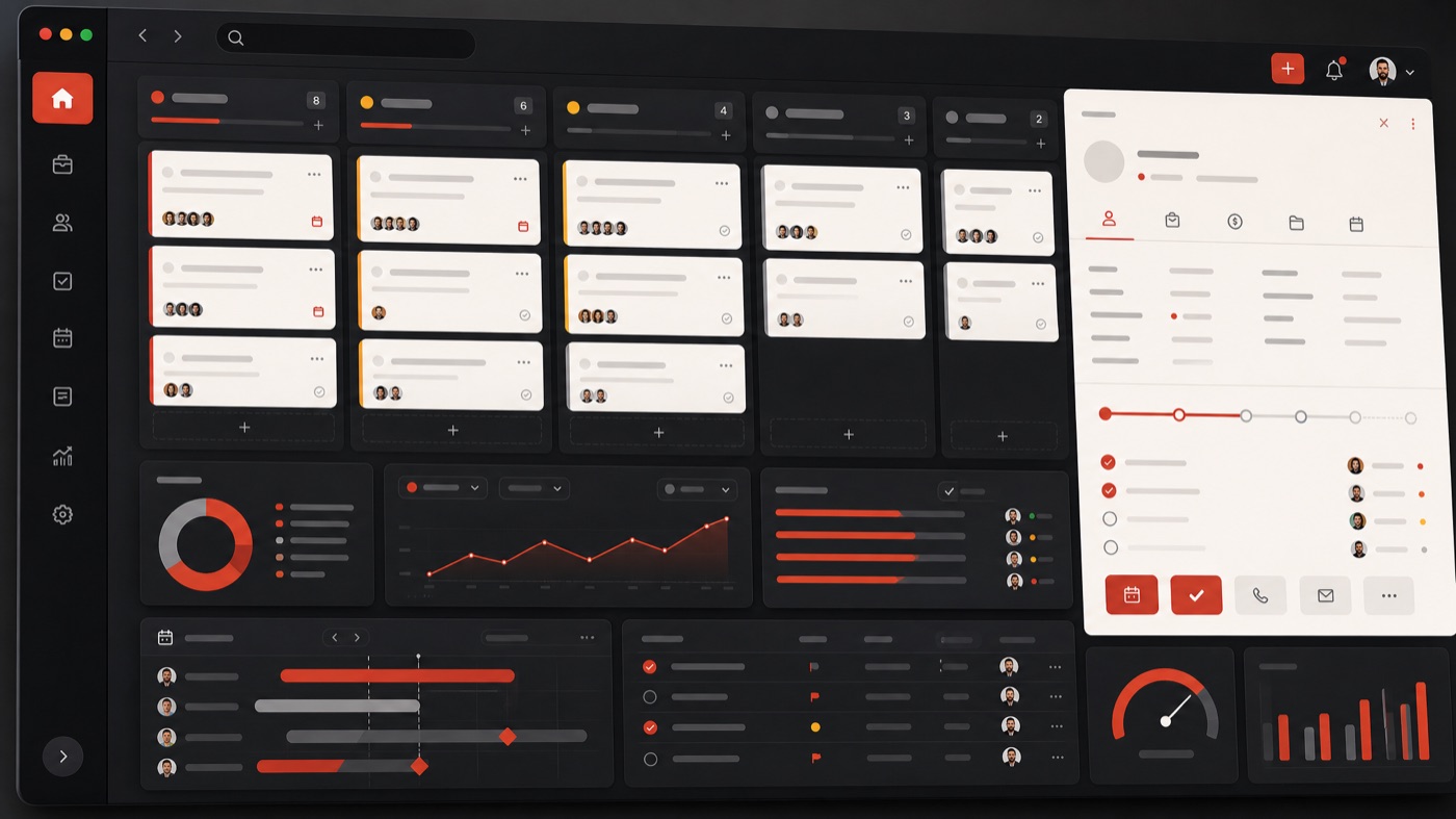 Custom CRM pipeline dashboard with customer record, project stages, reminders, and accountability indicators.